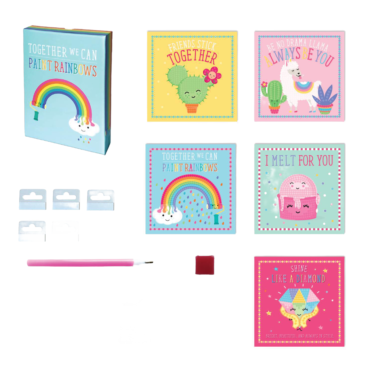 BOX CANDIY Diamond Art Set featuring colorful artboards with cheerful cactus, llama, rainbow, and cupcake designs, plus a pink diamond pen tool and assorted small plastic stones, perfect for children's crafts and arts collections.