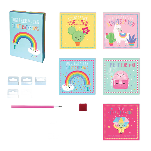 BOX CANDIY Diamond Art Set featuring colorful artboards with cheerful cactus, llama, rainbow, and cupcake designs, plus a pink diamond pen tool and assorted small plastic stones, perfect for children's crafts and arts collections.
