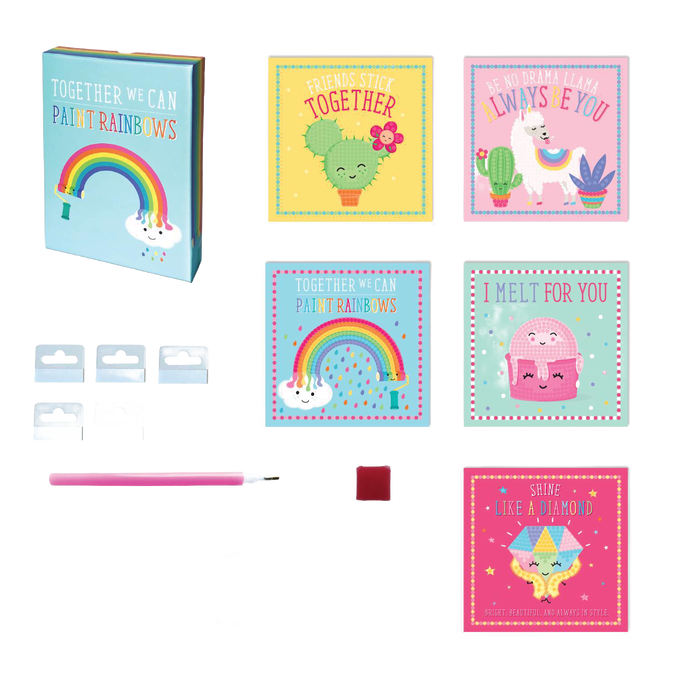 BOX CANDIY Diamond Art Set featuring colorful artboards with cheerful cactus, llama, rainbow, and cupcake designs, plus a pink diamond pen tool and assorted small plastic stones, perfect for children's crafts and arts collections.
