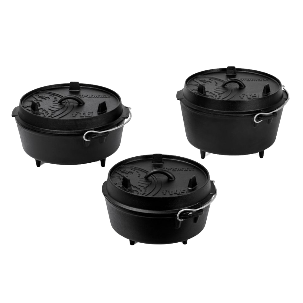 Three black cast iron Dutch ovens with three legs and fitted embossed lids featuring metal bail handles, designed for versatile cooking in Kitchen & Food, Cookware, Cast Iron, Best Sellers, and Promo Eligible collections.
