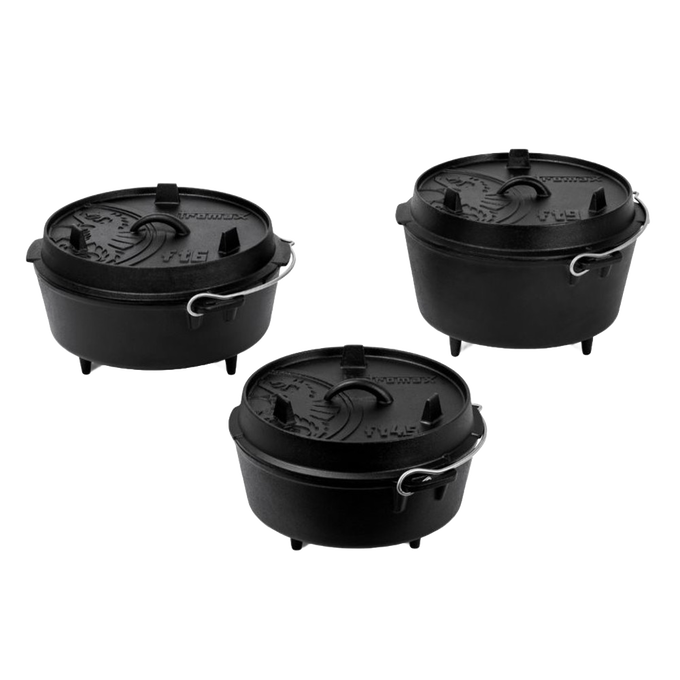 Three black cast iron Dutch ovens with three legs and fitted embossed lids featuring metal bail handles, designed for versatile cooking in Kitchen & Food, Cookware, Cast Iron, Best Sellers, and Promo Eligible collections.