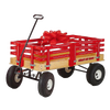 Handcrafted red wooden wagon with sturdy metal frame, air-filled rubber tires, and a large decorative bow, part of USA Made, Amish Made, Children's Toys, and Outdoor Play collections.