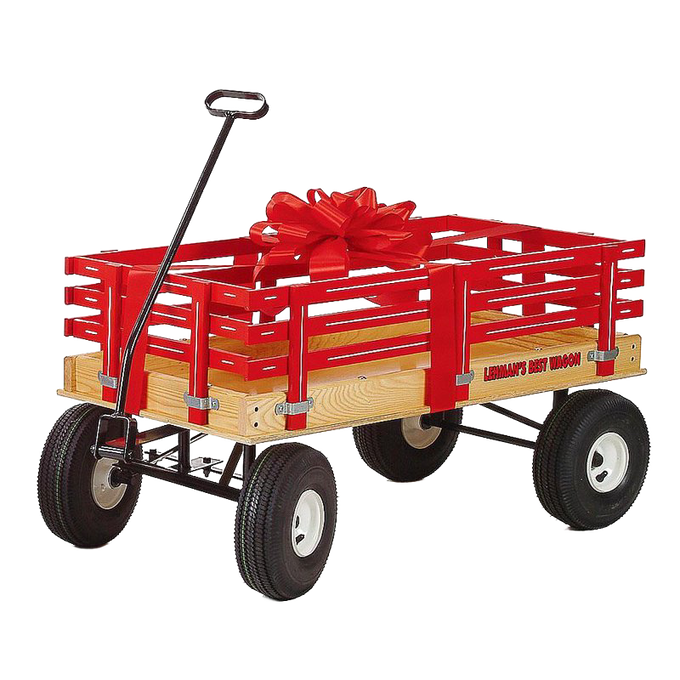 Handcrafted red wooden wagon with sturdy metal frame, air-filled rubber tires, and a large decorative bow, part of USA Made, Amish Made, Children's Toys, and Outdoor Play collections.