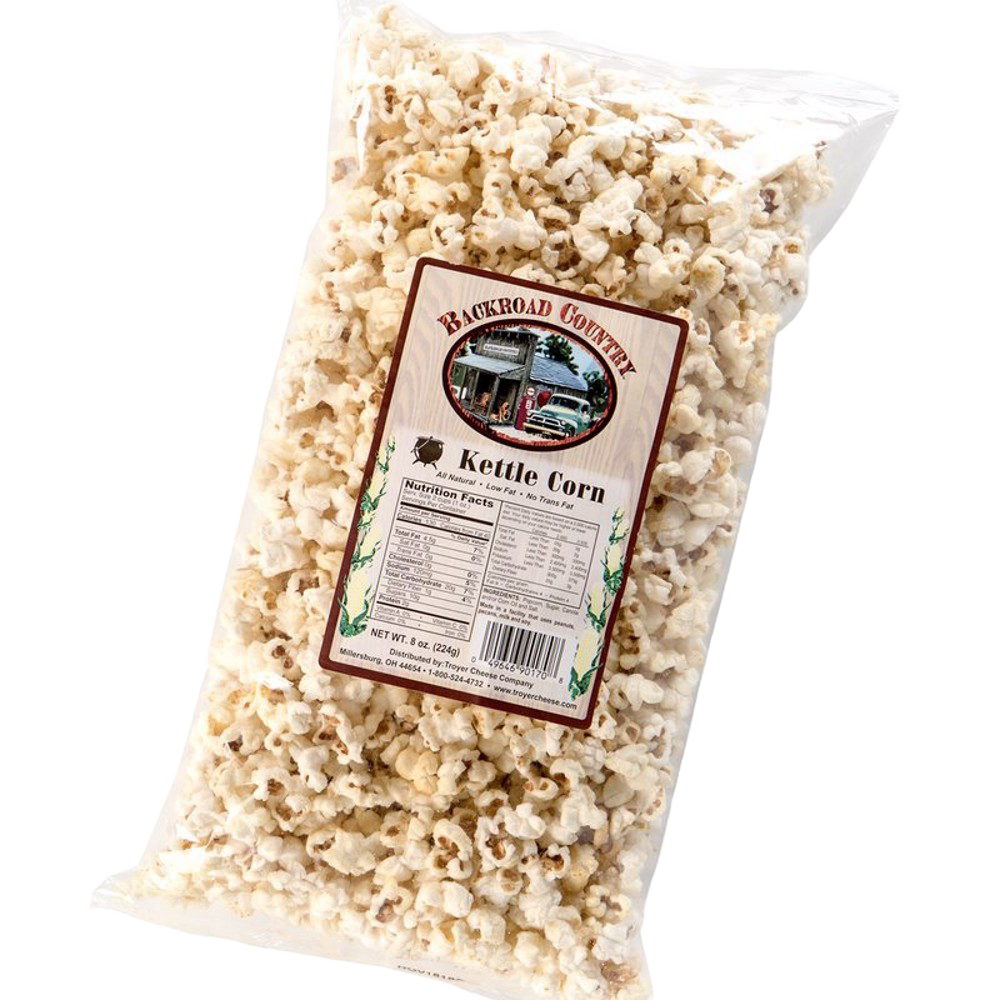 Clear bag of handcrafted kettle corn with crunchy, sweet popcorn inside, made in USA, ideal for Kitchen & Food, Snacks and Sweets, Popcorn, and Best Sellers collections.
