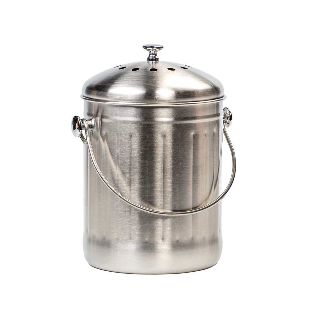Brushed stainless steel compost pail with vented lid and sturdy handle designed for odor control, suitable for countertop or under-sink use in Farm, Garden & Tool and Kitchen collections.
