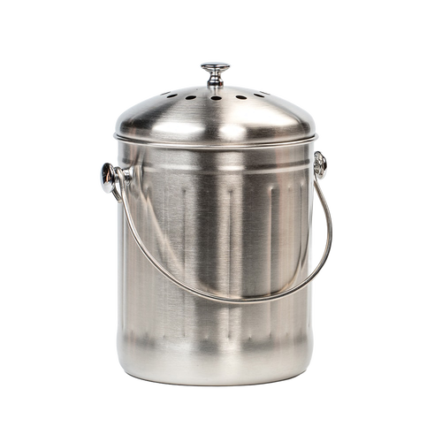 Brushed stainless steel compost pail with vented lid and sturdy handle designed for odor control, suitable for countertop or under-sink use in Farm, Garden & Tool and Kitchen collections.