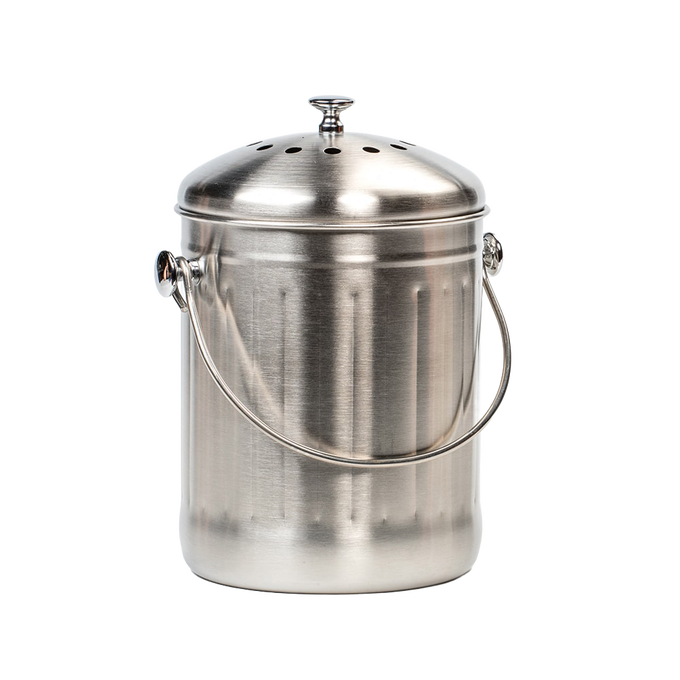 Brushed stainless steel compost pail with vented lid and sturdy handle designed for odor control, suitable for countertop or under-sink use in Farm, Garden & Tool and Kitchen collections.