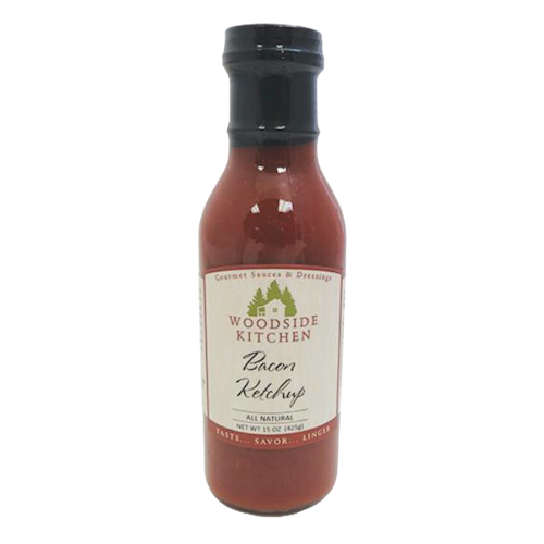 Glass bottle of handcrafted bacon-flavored ketchup made in USA, perfect for Kitchen & Food, Pantry, USA Made, Best Sellers, and Promo Eligible collections.