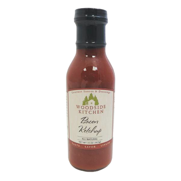 Glass bottle of handcrafted bacon-flavored ketchup made in USA, perfect for Kitchen & Food, Pantry, USA Made, Best Sellers, and Promo Eligible collections.
