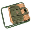 Compact garden stool with a sturdy green metal frame and durable tan and olive canvas seat featuring multiple pockets for tools, designed for farm and garden use.