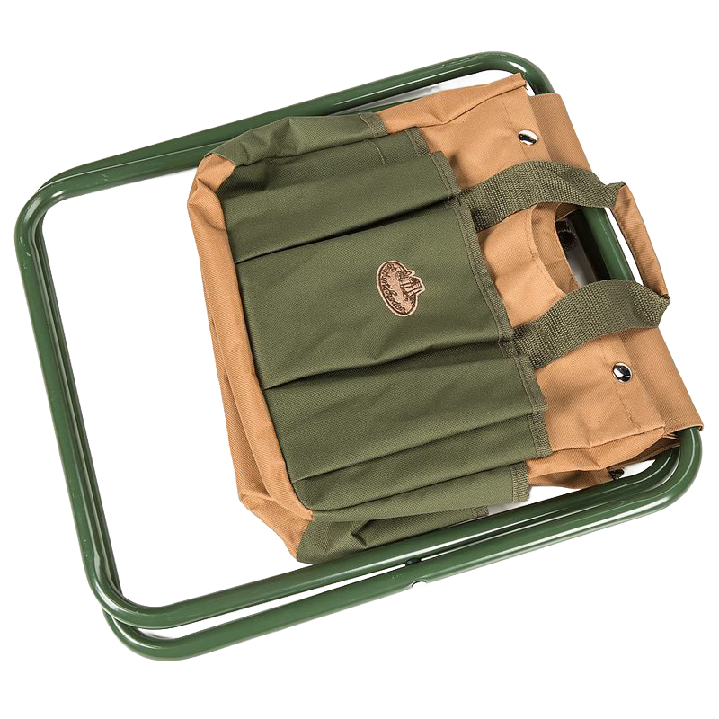 Compact garden stool with a sturdy green metal frame and durable tan and olive canvas seat featuring multiple pockets for tools, designed for farm and garden use.