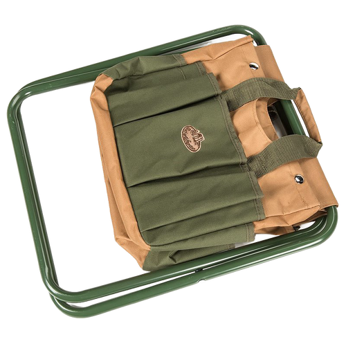 Compact garden stool with a sturdy green metal frame and durable tan and olive canvas seat featuring multiple pockets for tools, designed for farm and garden use.
