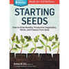 Book cover with illustrated young green seedlings growing in soil, titled "Starting Seeds," featuring guidance on growing vegetables, herbs, and flowers, part of the USA Made and Home and Garden How-To Books collections.