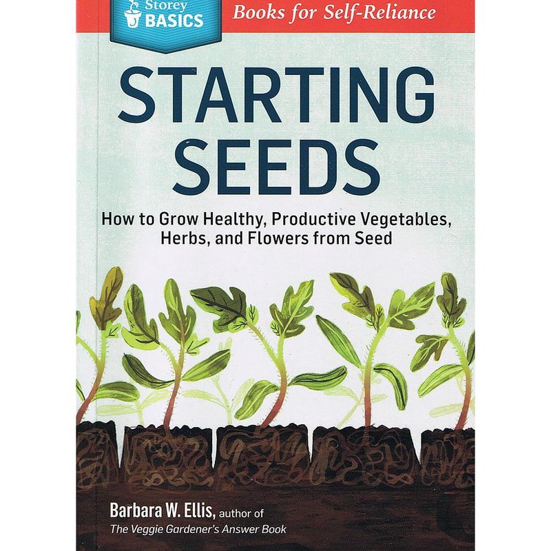 Book cover with illustrated young green seedlings growing in soil, titled "Starting Seeds," featuring guidance on growing vegetables, herbs, and flowers, part of the USA Made and Home and Garden How-To Books collections.