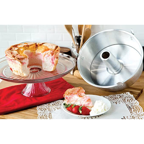 Traditional aluminum tube pan with removable bottom designed for even baking, shown with angel food cake, handcrafted, ideal for Kitchen & Food, Cookware, Baking Supplies, and Best Sellers collections.