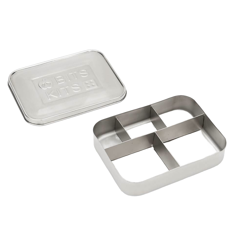 Durable stainless steel snack container with five compartments and a removable lid, designed for organized food storage; featured in Kitchen & Food, Storage and Serving, Best Sellers, and Promo Eligible collections.