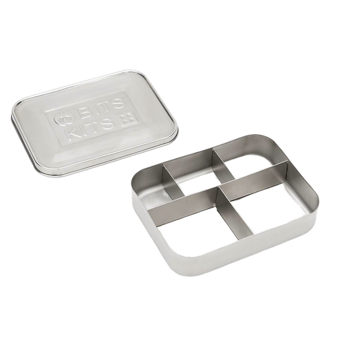 Durable stainless steel snack container with five compartments and a removable lid, designed for organized food storage; featured in Kitchen & Food, Storage and Serving, Best Sellers, and Promo Eligible collections.