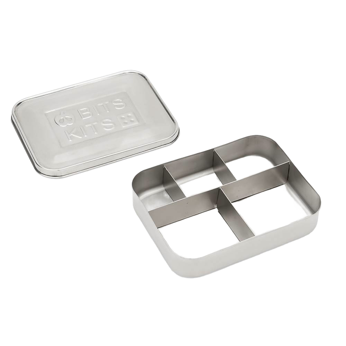 Durable stainless steel snack container with five compartments and a removable lid, designed for organized food storage; featured in Kitchen & Food, Storage and Serving, Best Sellers, and Promo Eligible collections.