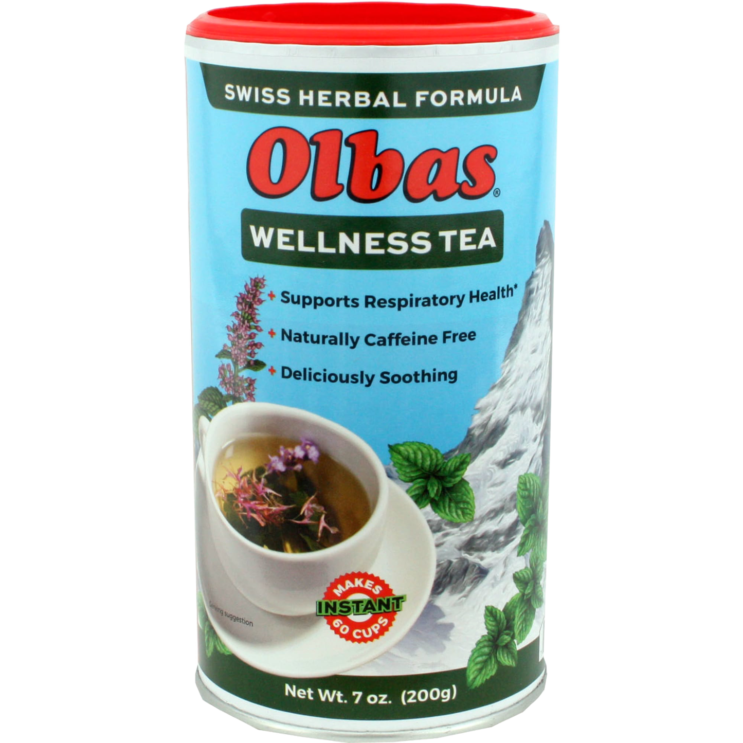 Cylindrical container of Olbas Wellness Tea in blue packaging with red lid, featuring herbal tea cup image and text highlighting respiratory support, caffeine free, and soothing qualities, ideal for Kitchen & Food, Brewing Coffee and Tea, and Best Sellers collections.