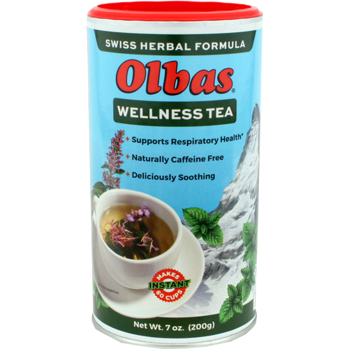 Cylindrical container of Olbas Wellness Tea in blue packaging with red lid, featuring herbal tea cup image and text highlighting respiratory support, caffeine free, and soothing qualities, ideal for Kitchen & Food, Brewing Coffee and Tea, and Best Sellers collections.