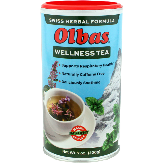Cylindrical container of Olbas Wellness Tea in blue packaging with red lid, featuring herbal tea cup image and text highlighting respiratory support, caffeine free, and soothing qualities, ideal for Kitchen & Food, Brewing Coffee and Tea, and Best Sellers collections.