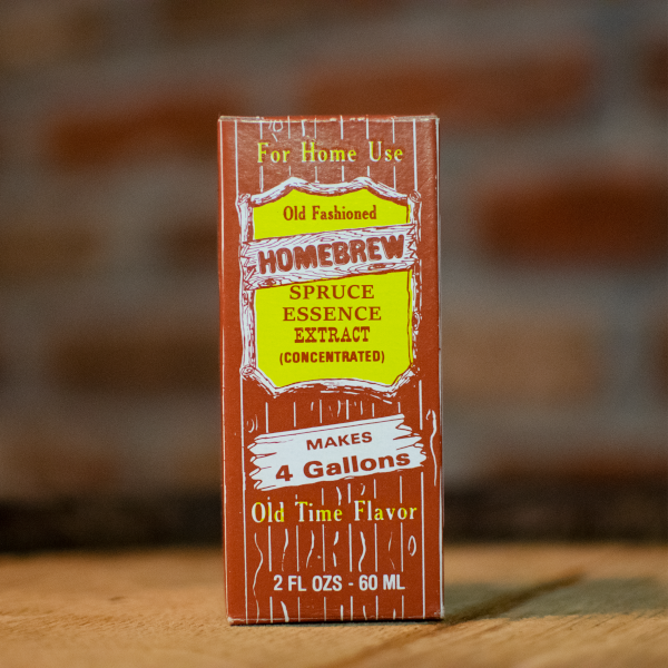 Small handcrafted vintage-style brown carton of concentrated spruce essence extract for making four gallons of old-fashioned soda, ideal for Kitchen & Food, Food, Beverages, Best Sellers, and Promo Eligible collections.