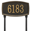 Black custom lawn plaque with raised gold-tone numbers, handcrafted in USA, designed to enhance curb appeal, featured in Home & Decor and Mailboxes and Address Signs collections.