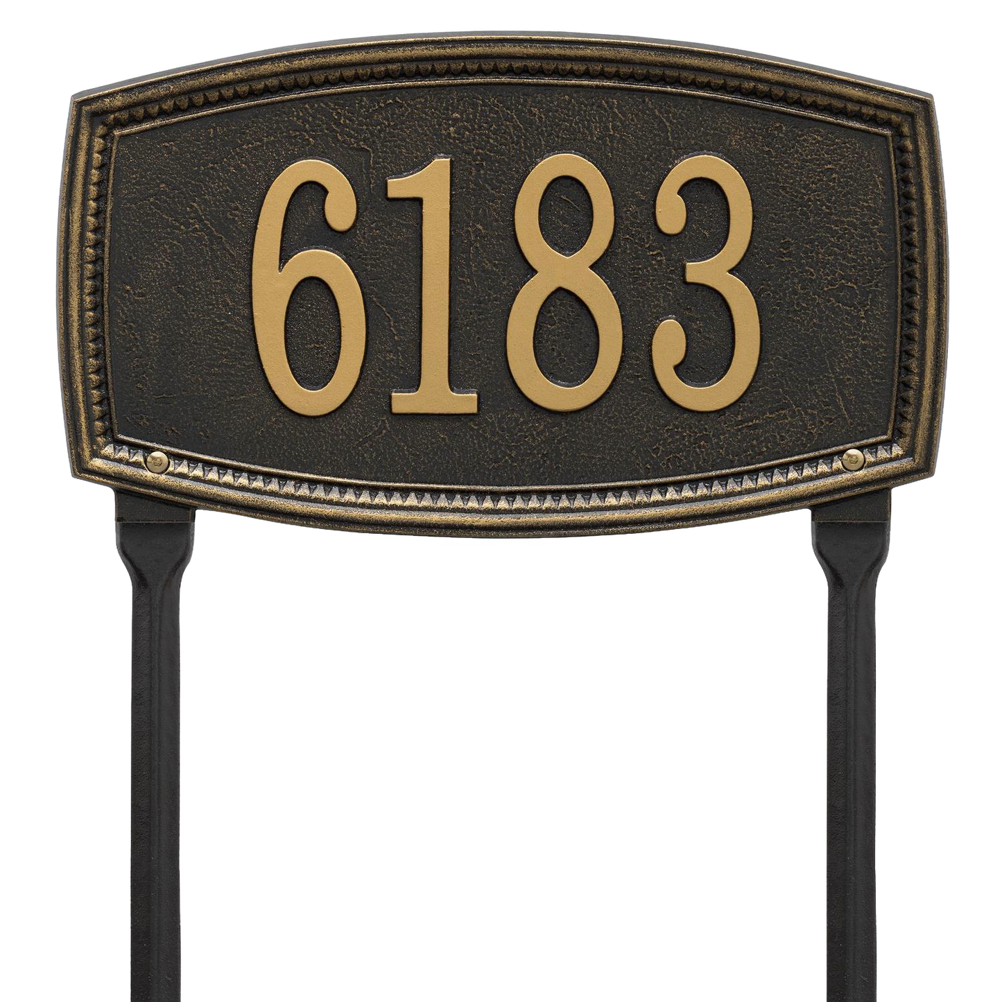 Black custom lawn plaque with raised gold-tone numbers, handcrafted in USA, designed to enhance curb appeal, featured in Home & Decor and Mailboxes and Address Signs collections.
