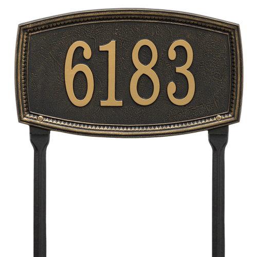 Black custom lawn plaque with raised gold-tone numbers, handcrafted in USA, designed to enhance curb appeal, featured in Home & Decor and Mailboxes and Address Signs collections.