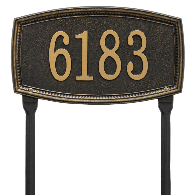 Black custom lawn plaque with raised gold-tone numbers, handcrafted in USA, designed to enhance curb appeal, featured in Home & Decor and Mailboxes and Address Signs collections.