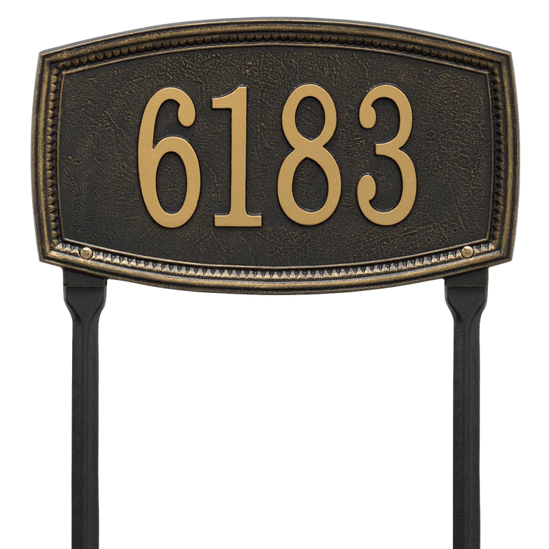 Black custom lawn plaque with raised gold-tone numbers, handcrafted in USA, designed to enhance curb appeal, featured in Home & Decor and Mailboxes and Address Signs collections.