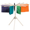 Handcrafted 16-arm wooden floor dryer with stainless steel hardware featuring circular rotating arms holding colorful towels, ideal for Laundry Supplies, Home & Decor, and USA Made collections.
