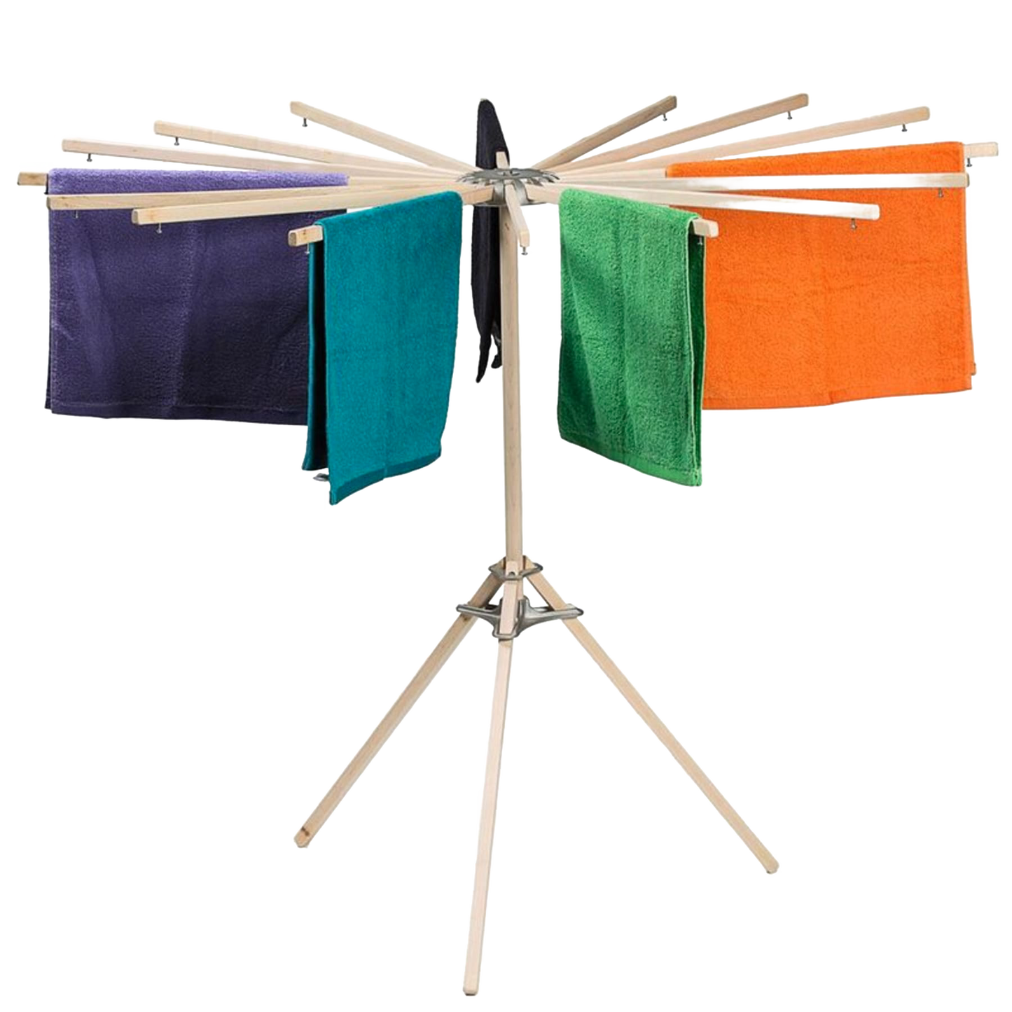 Handcrafted 16-arm wooden floor dryer with stainless steel hardware featuring circular rotating arms holding colorful towels, ideal for Laundry Supplies, Home & Decor, and USA Made collections.