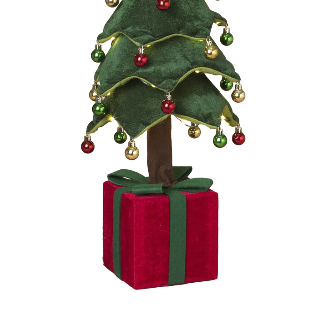 Unique handcrafted LED collapsible cloth Christmas tree with green felt layers and multicolored baubles atop a red fabric gift box, perfect for Home & Decor, Holiday Decor, Best Sellers, and Promo Eligible collections.