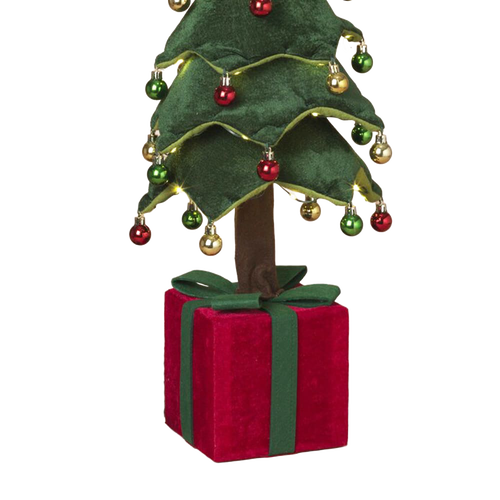Unique handcrafted LED collapsible cloth Christmas tree with green felt layers and multicolored baubles atop a red fabric gift box, perfect for Home & Decor, Holiday Decor, Best Sellers, and Promo Eligible collections.