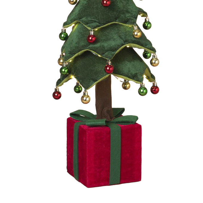 Unique handcrafted LED collapsible cloth Christmas tree with green felt layers and multicolored baubles atop a red fabric gift box, perfect for Home & Decor, Holiday Decor, Best Sellers, and Promo Eligible collections.