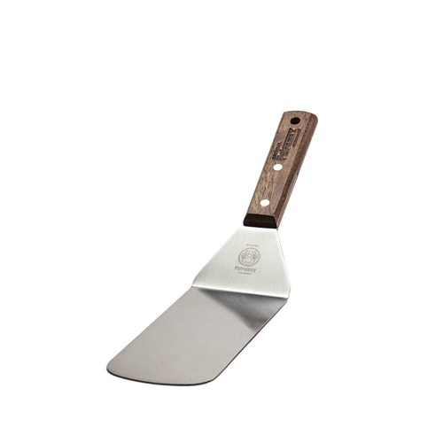 Sturdy cooking spatula with a broad flexible stainless steel blade and comfortable wooden handle, ideal for grilling and kitchen tasks in Kitchen & Food, Stoves, and Cooking Helpers collections.