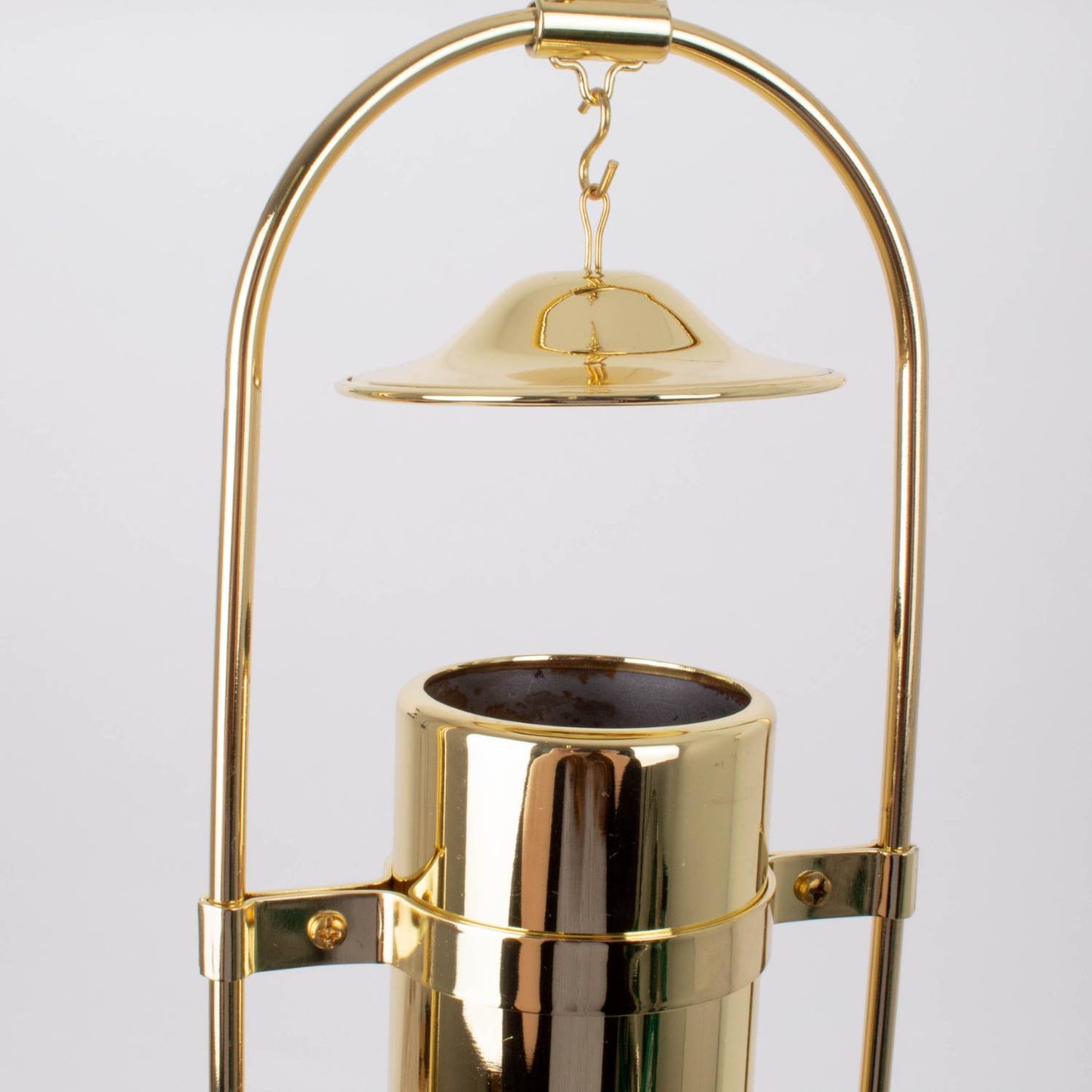 Gleaming brass hanging lamp frame with a curved top support and hook, designed for 12-inch shades, featured in Lamps & Lighting and Parts and Accessories collections.