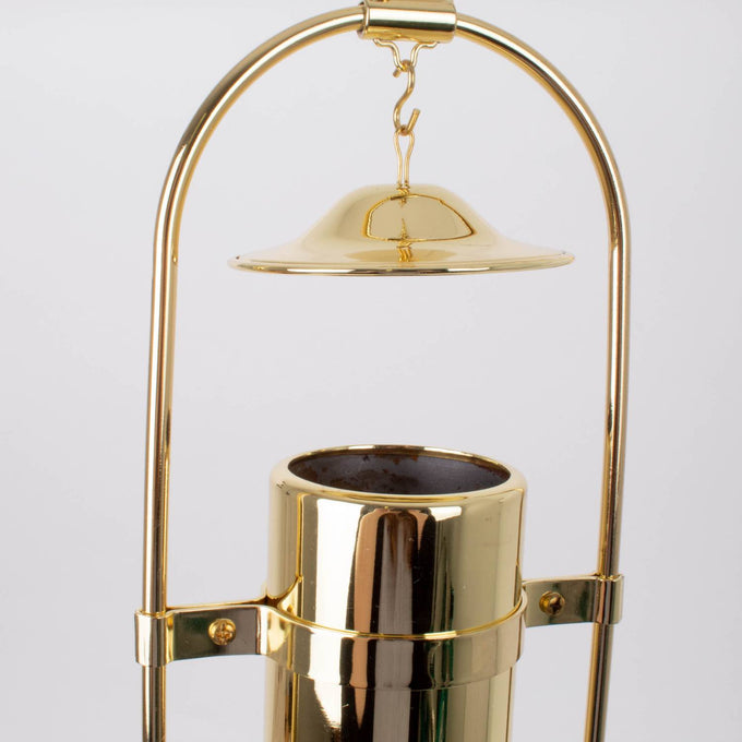 Gleaming brass hanging lamp frame with a curved top support and hook, designed for 12-inch shades, featured in Lamps & Lighting and Parts and Accessories collections.