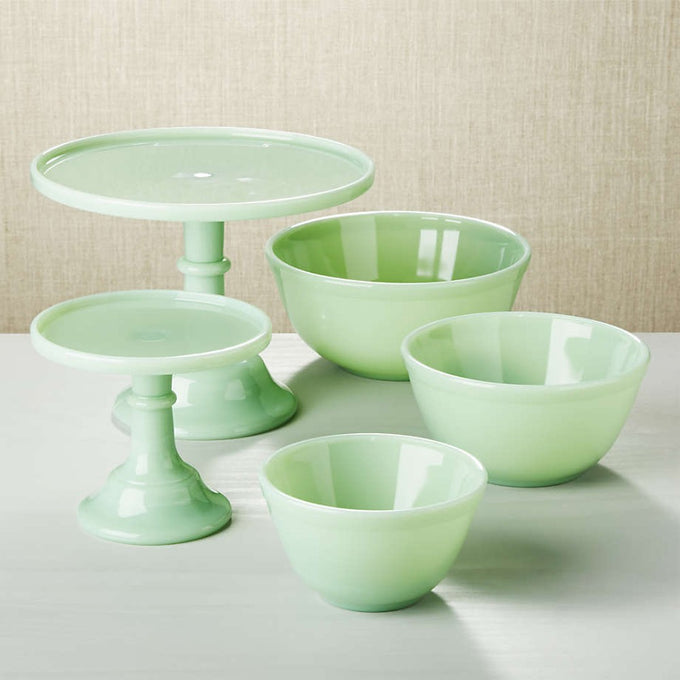 Set of soft green glass mixing bowls in three sizes alongside matching pedestal cake stands, handcrafted and made in USA, perfect for Kitchen & Food, Cookware, Baking Supplies, Dinnerware, and Best Sellers collections.