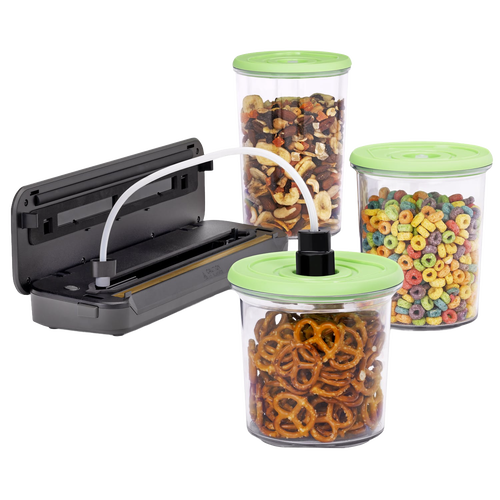 Set of three reusable vacuum seal containers with light green lids, designed for kitchen food preservation, shown with a vacuum sealing device for storing snacks and cereal in the Kitchen & Food collection.