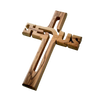 Handcrafted olive wood wall cross carved with the word Jesus, made in Bethlehem, featuring natural wood grain and warm tones, ideal for Home & Decor and Best Sellers collections.