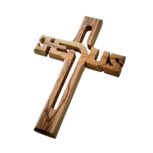 Handcrafted olive wood wall cross carved with the word Jesus, made in Bethlehem, featuring natural wood grain and warm tones, ideal for Home & Decor and Best Sellers collections.