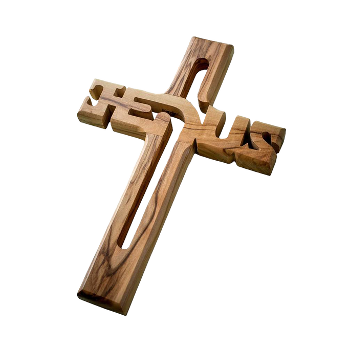 Handcrafted olive wood wall cross carved with the word Jesus, made in Bethlehem, featuring natural wood grain and warm tones, ideal for Home & Decor and Best Sellers collections.