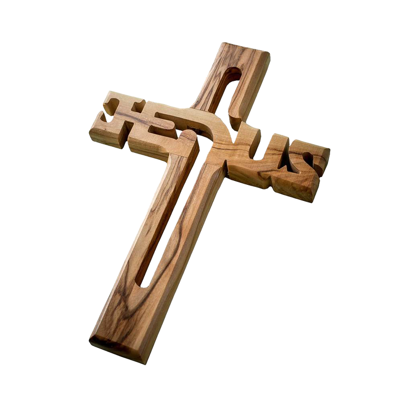 Handcrafted olive wood wall cross carved with the word Jesus, made in Bethlehem, featuring natural wood grain and warm tones, ideal for Home & Decor and Best Sellers collections.