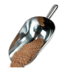 Heavy-duty cast aluminum grain scoop with contoured handle and mirror finish, partially filled with grain, ideal for Farm, Garden & Tool, Farm Tools, Best Sellers, and Promo Eligible collections.