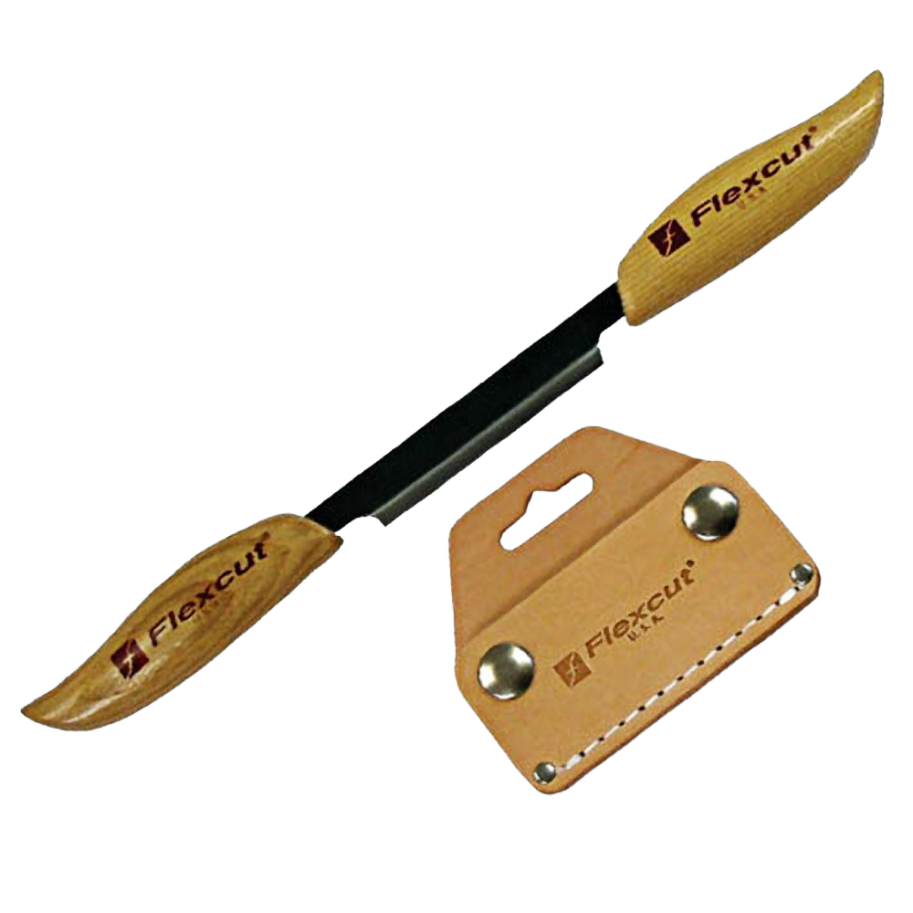 Handcrafted 3-inch draw knife with curved wooden handles and protective leather blade cover, ideal for farm, garden, hand tools, carving knives, and USA made collections.