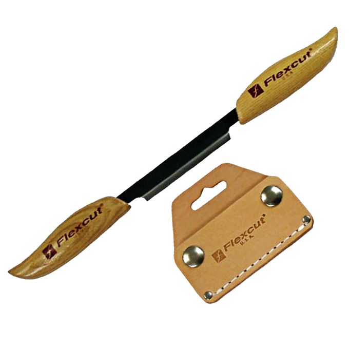 Handcrafted 3-inch draw knife with curved wooden handles and protective leather blade cover, ideal for farm, garden, hand tools, carving knives, and USA made collections.