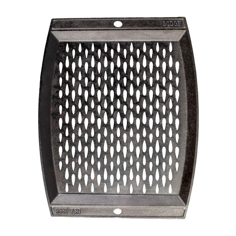 Handcrafted cast iron grill topper pan with perforated teardrop pattern for enhanced grill flavor, made in USA, ideal for Kitchen & Food, Cookware, Cast Iron, and Best Sellers collections.