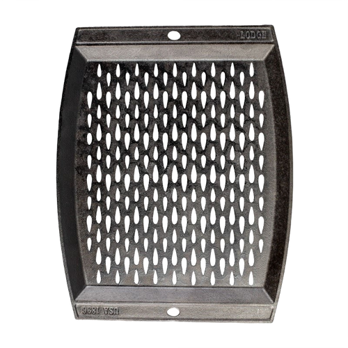 Handcrafted cast iron grill topper pan with perforated teardrop pattern for enhanced grill flavor, made in USA, ideal for Kitchen & Food, Cookware, Cast Iron, and Best Sellers collections.